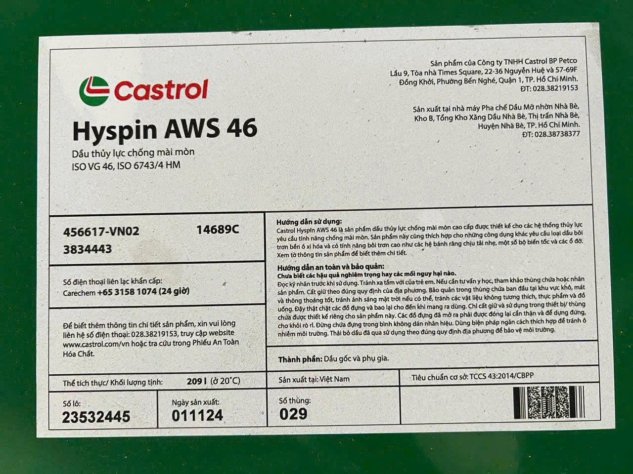 Dầu thủy lực Castrol Hyspin AWS 46 chống mài mòn