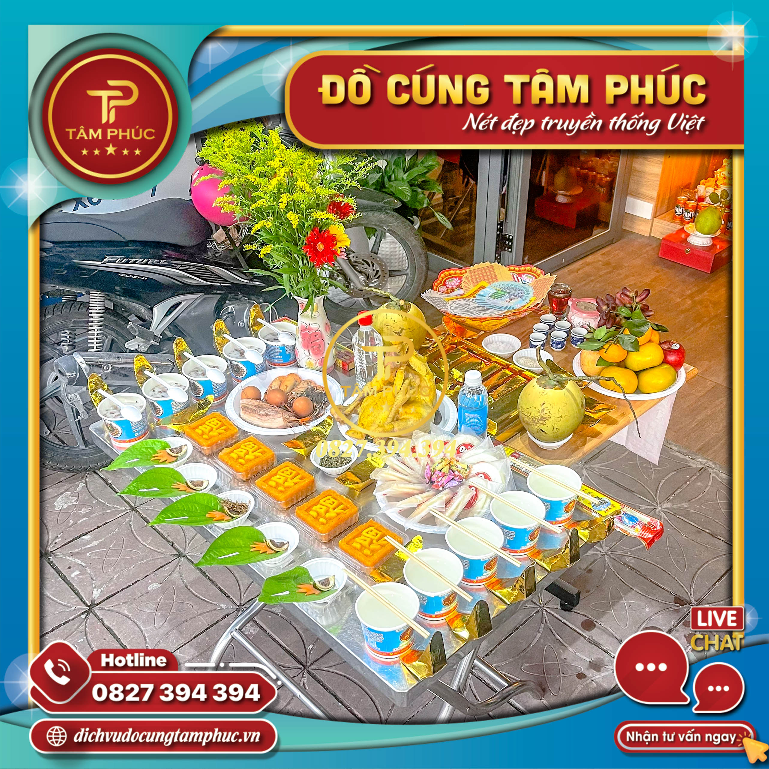 Mâm cúng khai trương cửa hàng đơn giản tại Cần Thơ.