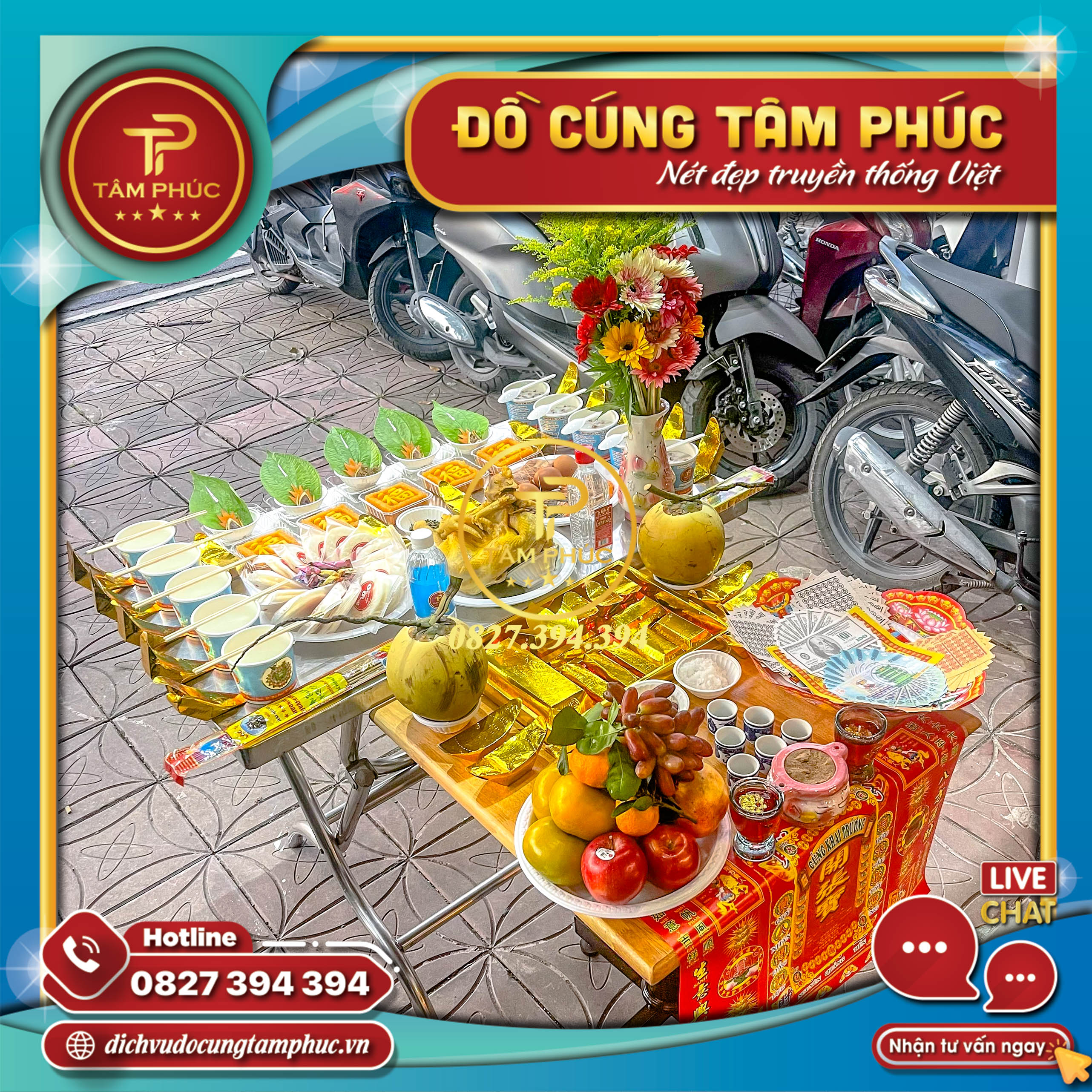Mâm cúng khai trương cửa hàng đơn giản tại Cần Thơ.