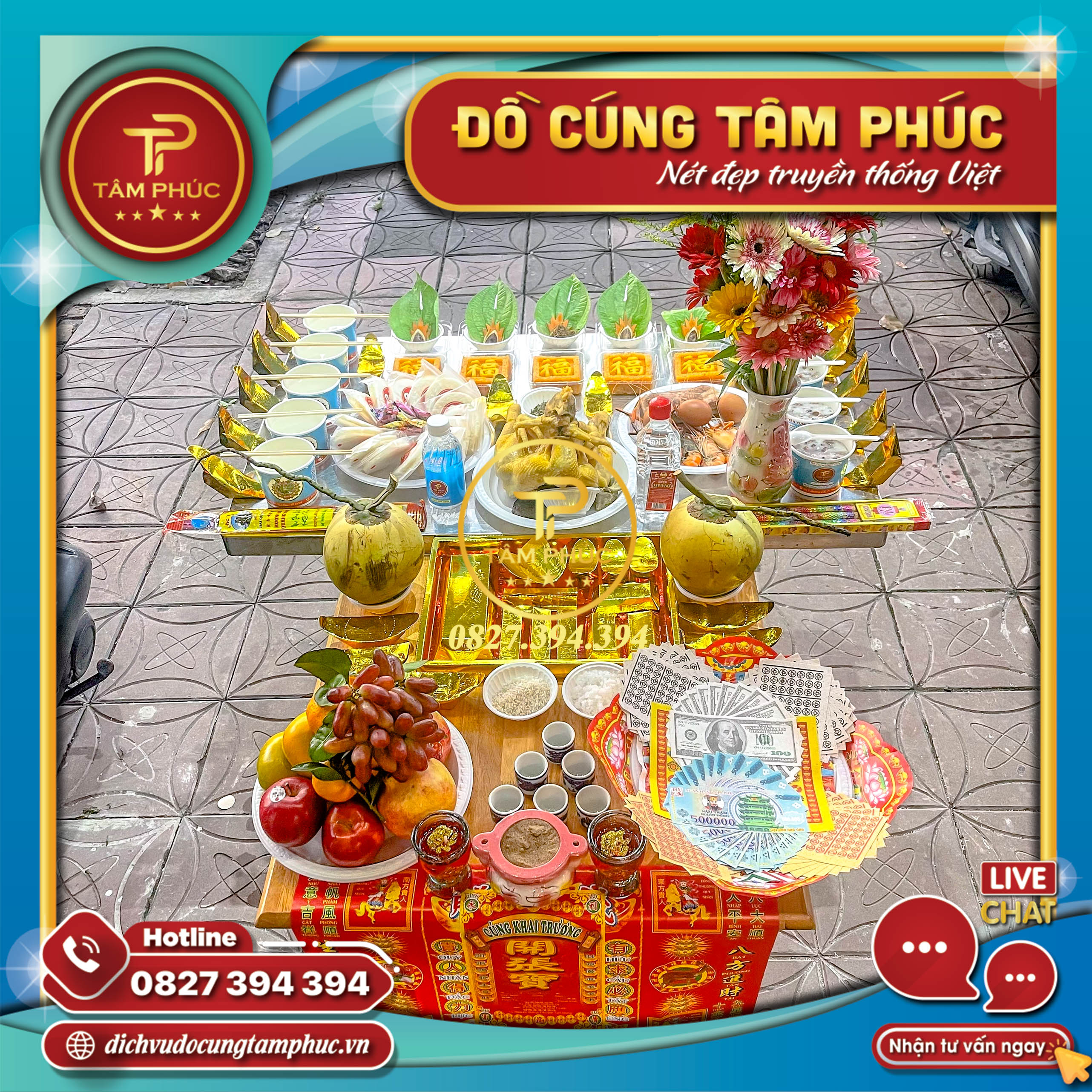 Mâm cúng khai trương cửa hàng đơn giản tại Cần Thơ.