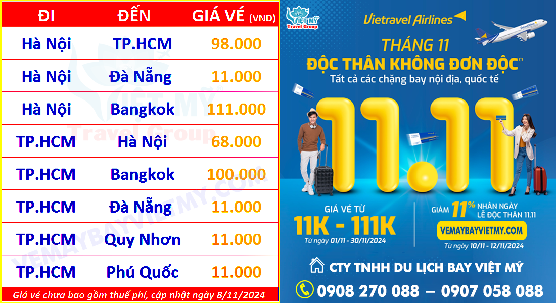 Vietravel Airlines ưu đãi vé máy bay nhân ngày độc thân 11/11