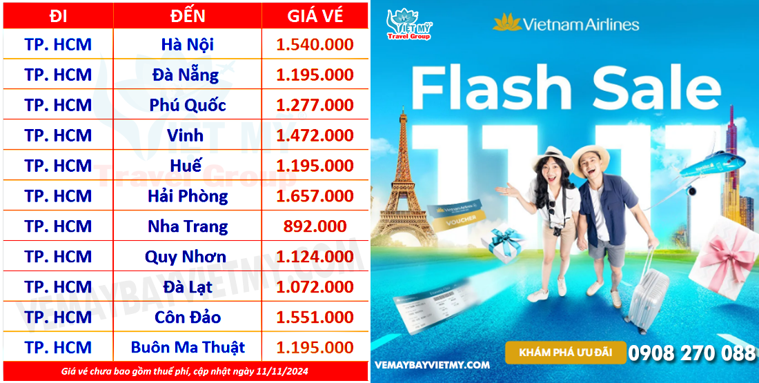 Vietnam Airlines giảm giá vé máy bay nhân ngày 11/11