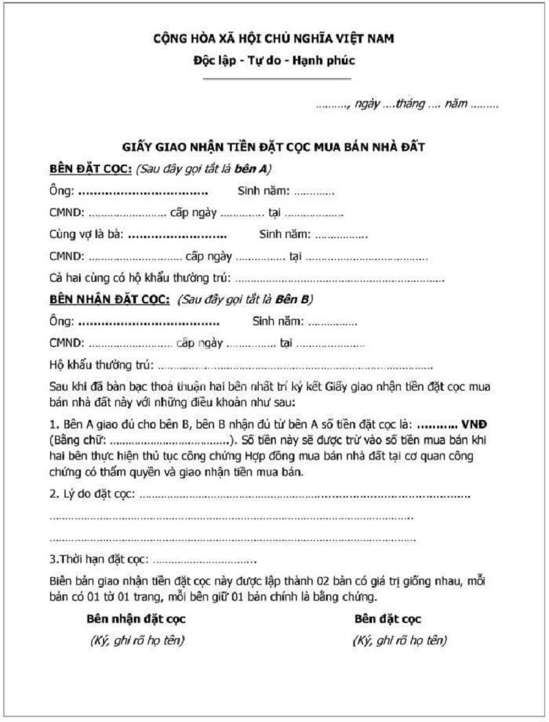 Mẫu biên bản giao nhận tiền đặt cọc