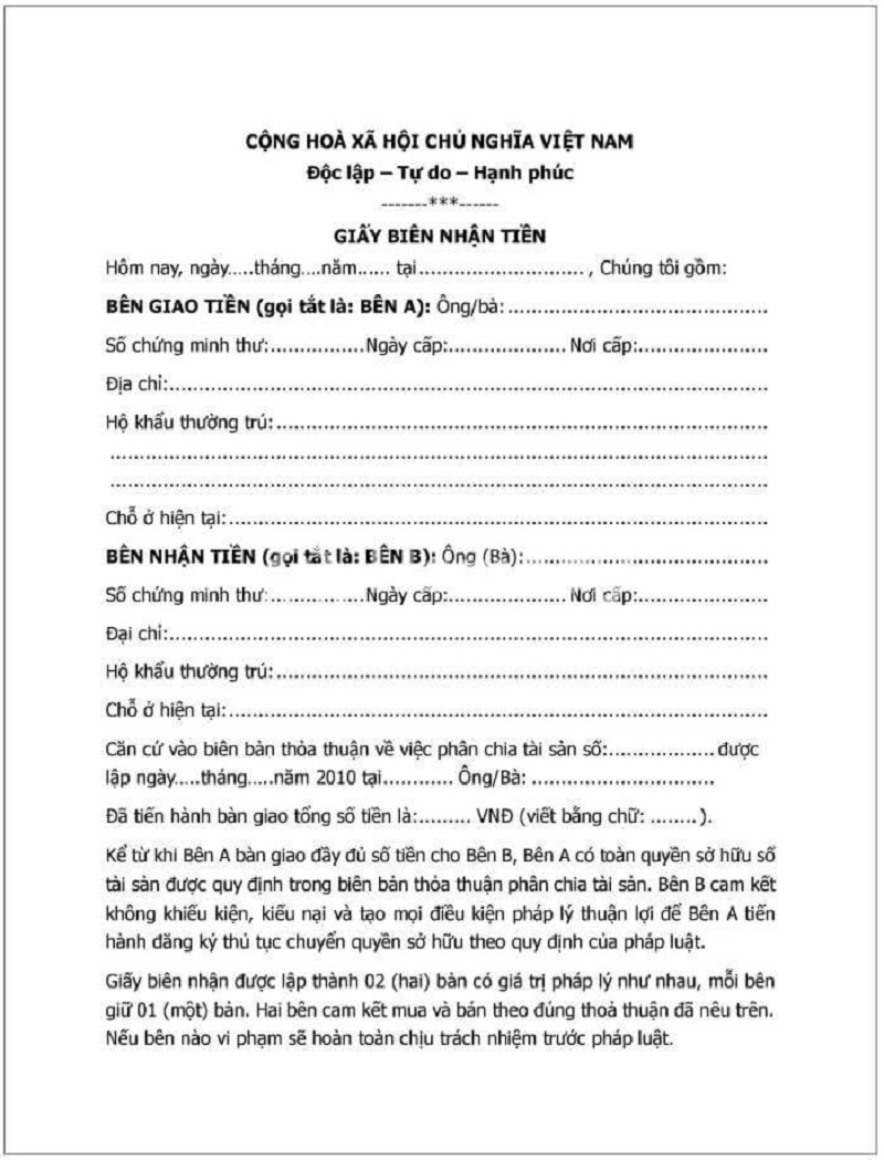 Mẫu biên bản giao nhận tiền mua đất