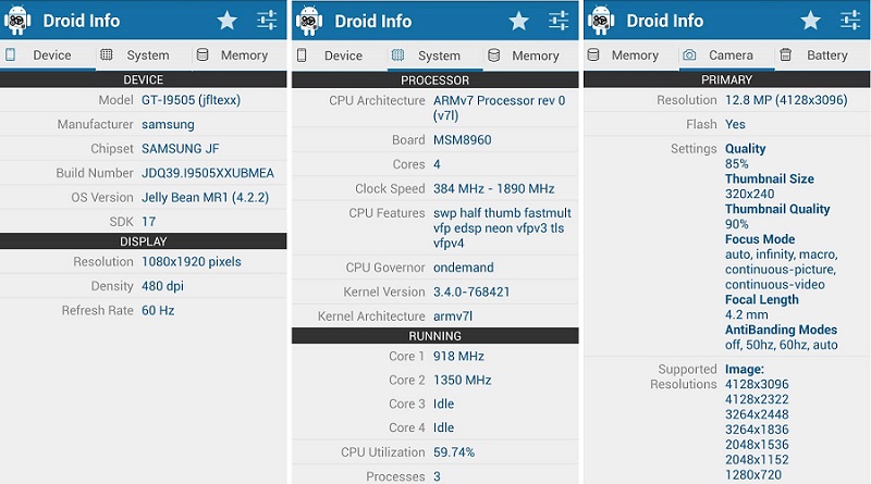 Các thẻ của ứng dụng Droid Hardware Info
