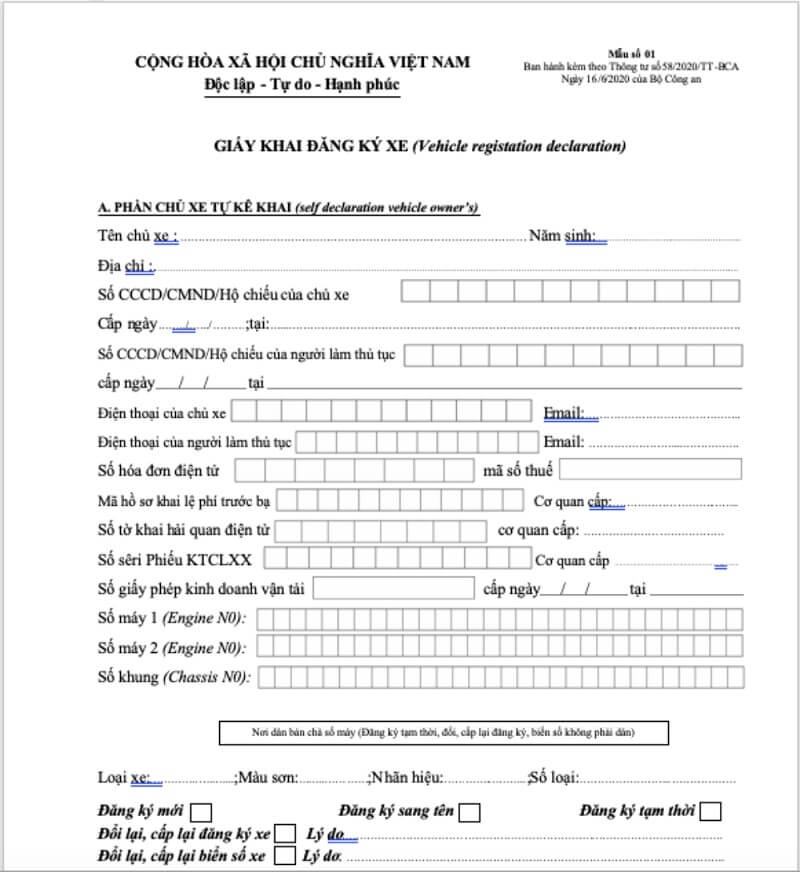 Bản đầy đủ của mẫu khai đăng ký xe điện