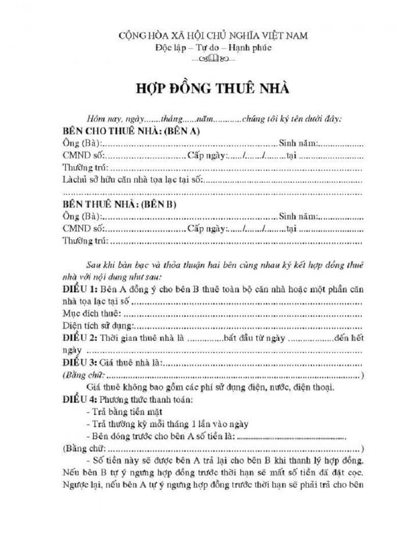 Hình thức chuẩn hợp đòng thuê nhà