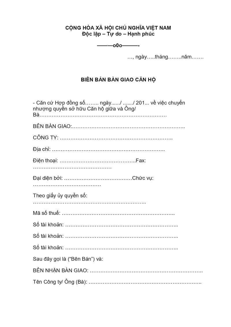 Phần thông tin mẫu biên bản bàn giao 1