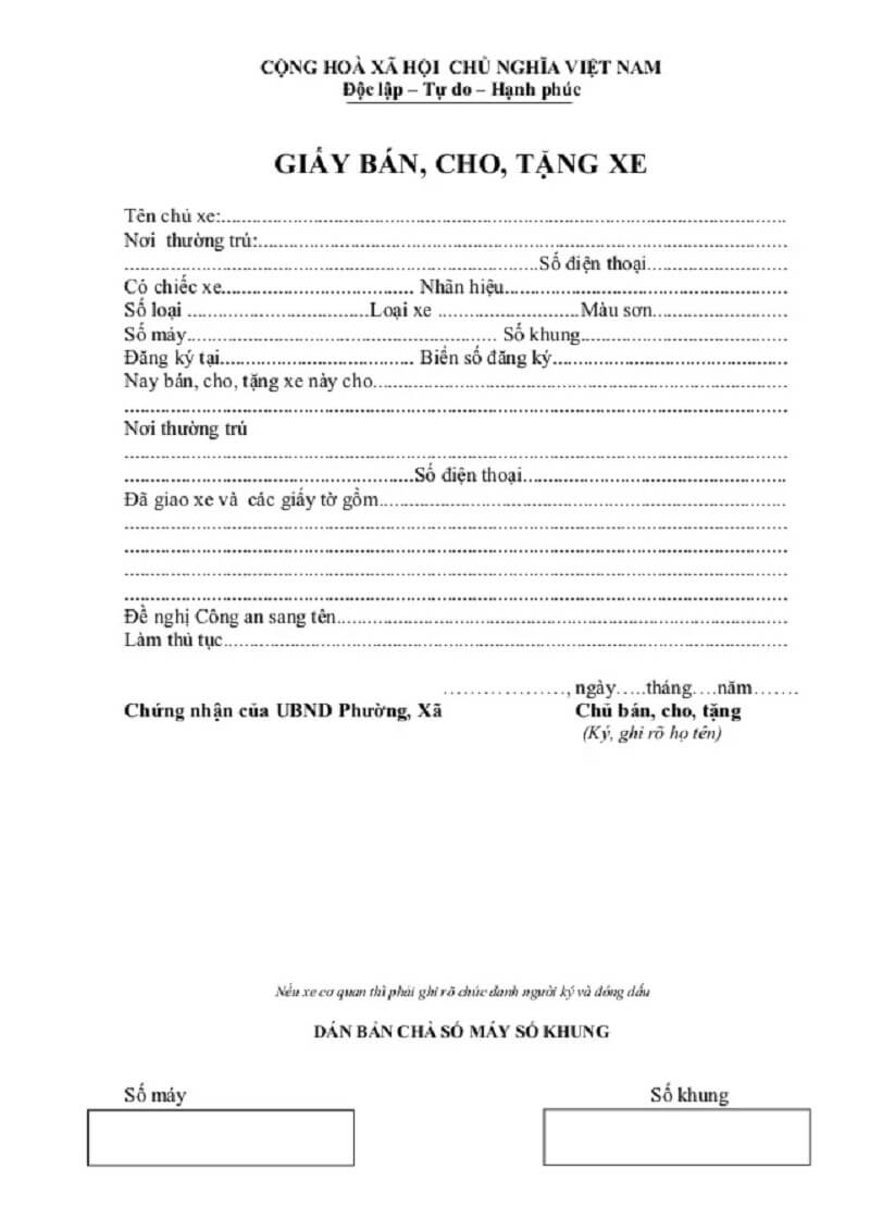 Mẫu giấy trao tặng xe máy