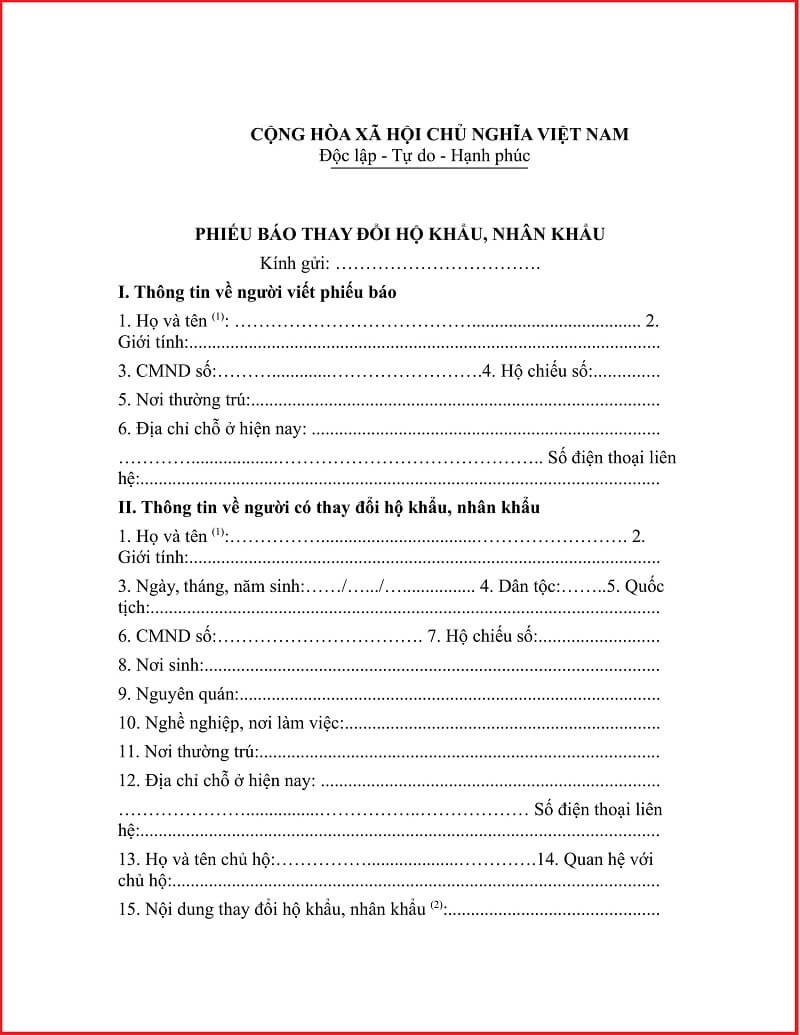 Mẫu phiếu khai báo thay đổi hộ khẩu nhân khẩu