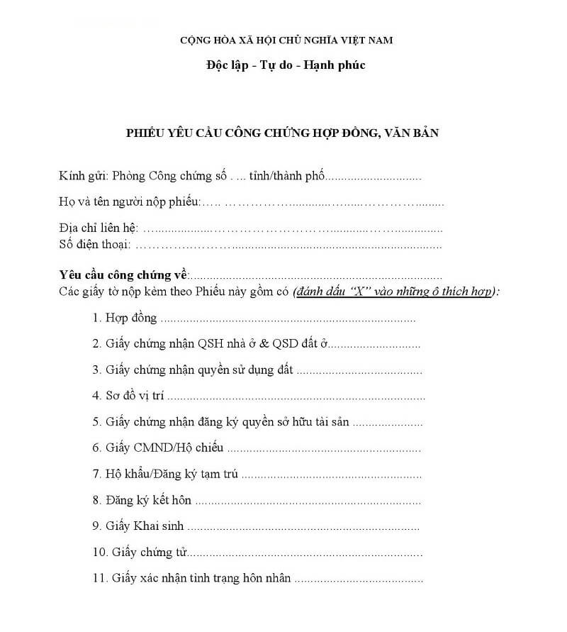 Mẫu phiếu yêu cầu công chứng hiện hành