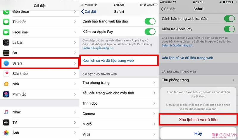Xóa dữ liệu thông qua Safari