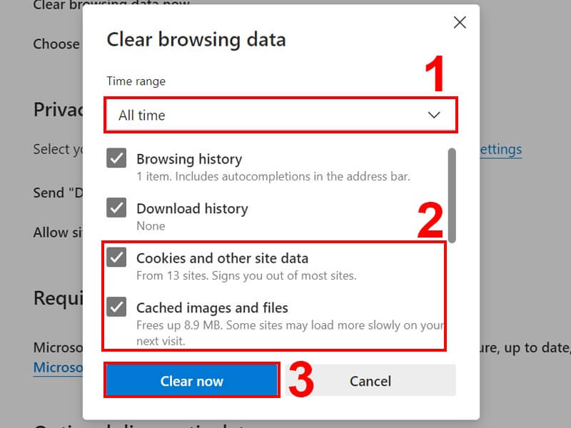 Xóa cookies và cache của trình duyệt