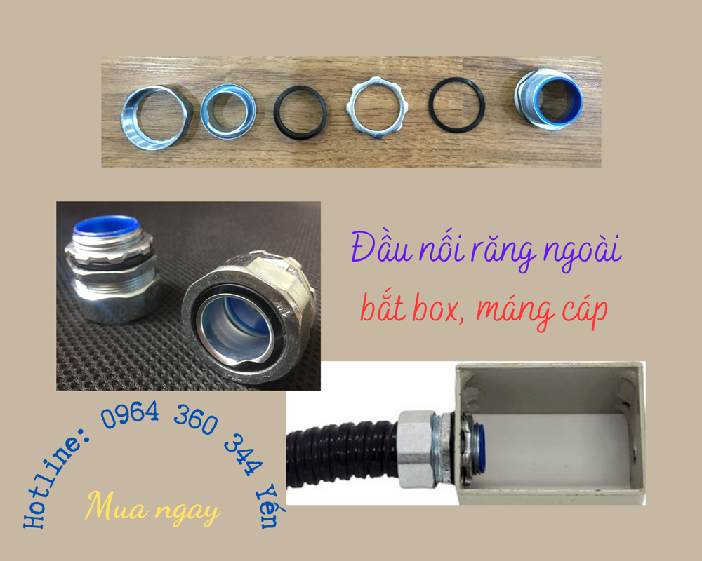 Đầu nối răng ngoài phi 16 ống ruột gà lõi thép với box điện giá tốt