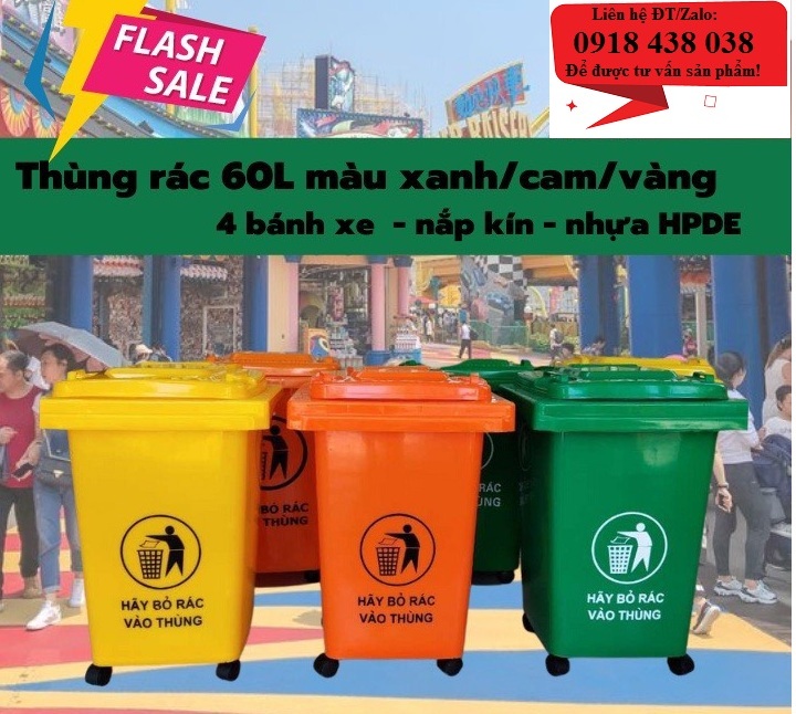 Thùng rác nhựa 60l có bánh xe, có nắp kín giá rẻ