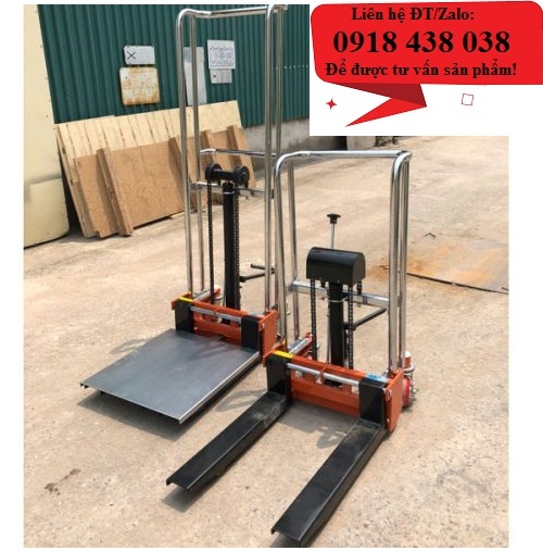 Xe nâng tay cao thép trắng có mặt bàn tải trọng 400kg nâng cao tới1.7m