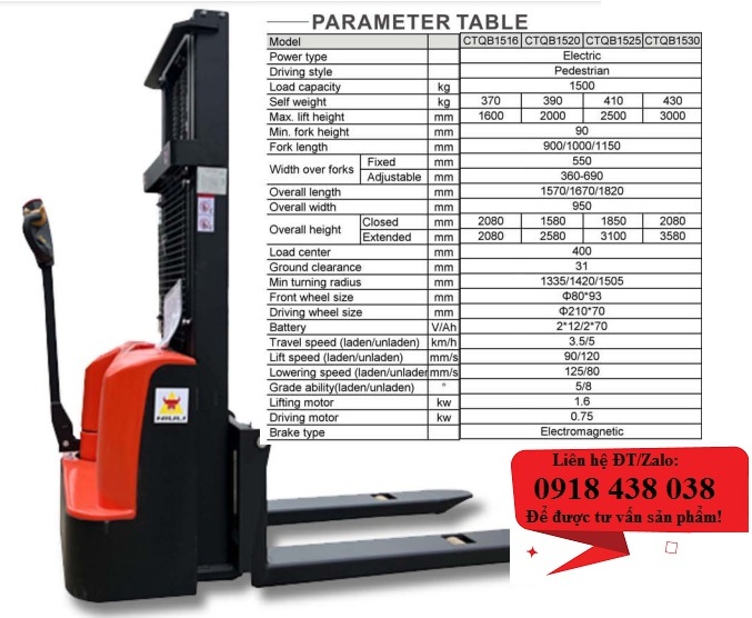 Xe nâng điện cao đi bộ lái CTQB15/30 hãng Niuli giá rẻ, LH 0918438038