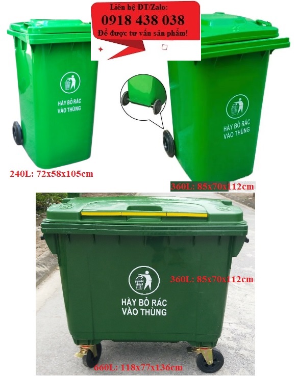 Thùng rác công cộng, thùng rác nhựa 60l, 70l, 80l, 100l, 120l, 240l