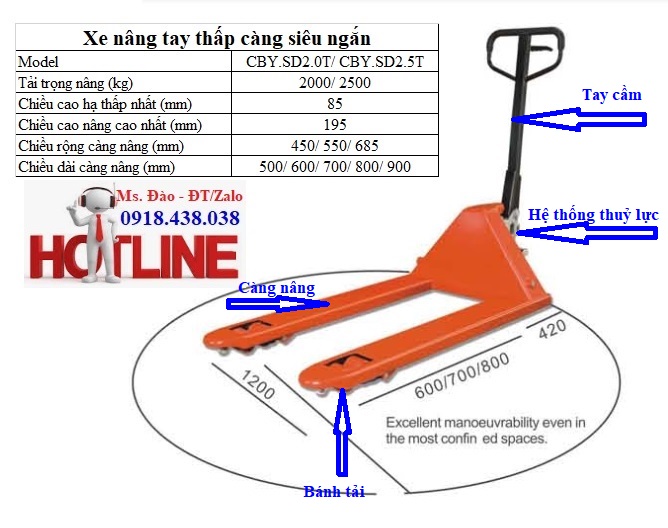 Xe nâng tay thấp càng siêu ngắn 50-90cm giá rẻ nhất