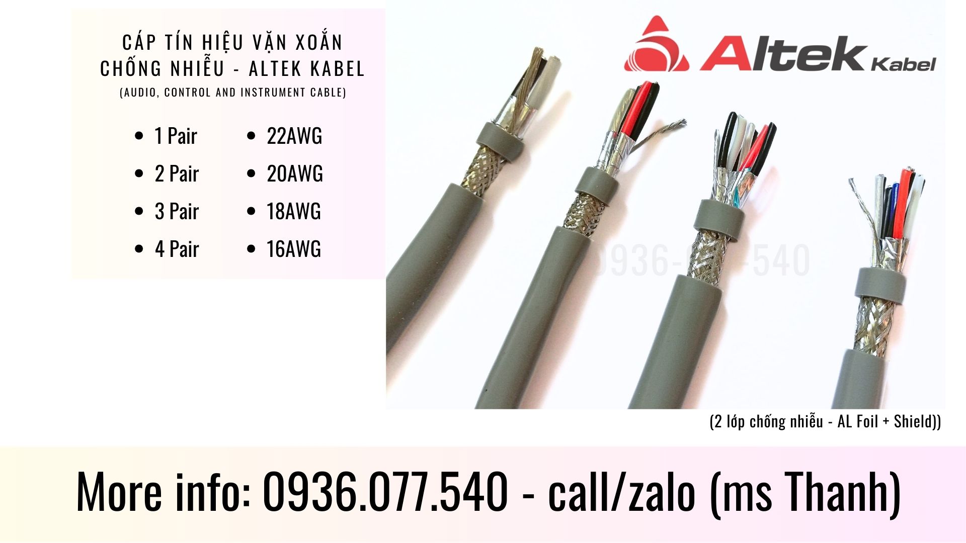 Cáp tín hiệu âm thanh vặn xoắn chống nhiễu 1 PR 18 AWG Altek Kabel