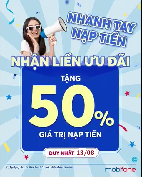 MobiFone tặng 50% giá trị nạp tiền trả trước ngày 13/08/2025