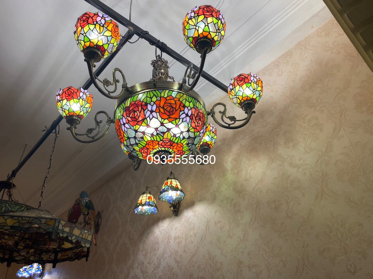 Giao lưu bộ đèn chùm tiffany hoa hồng cam