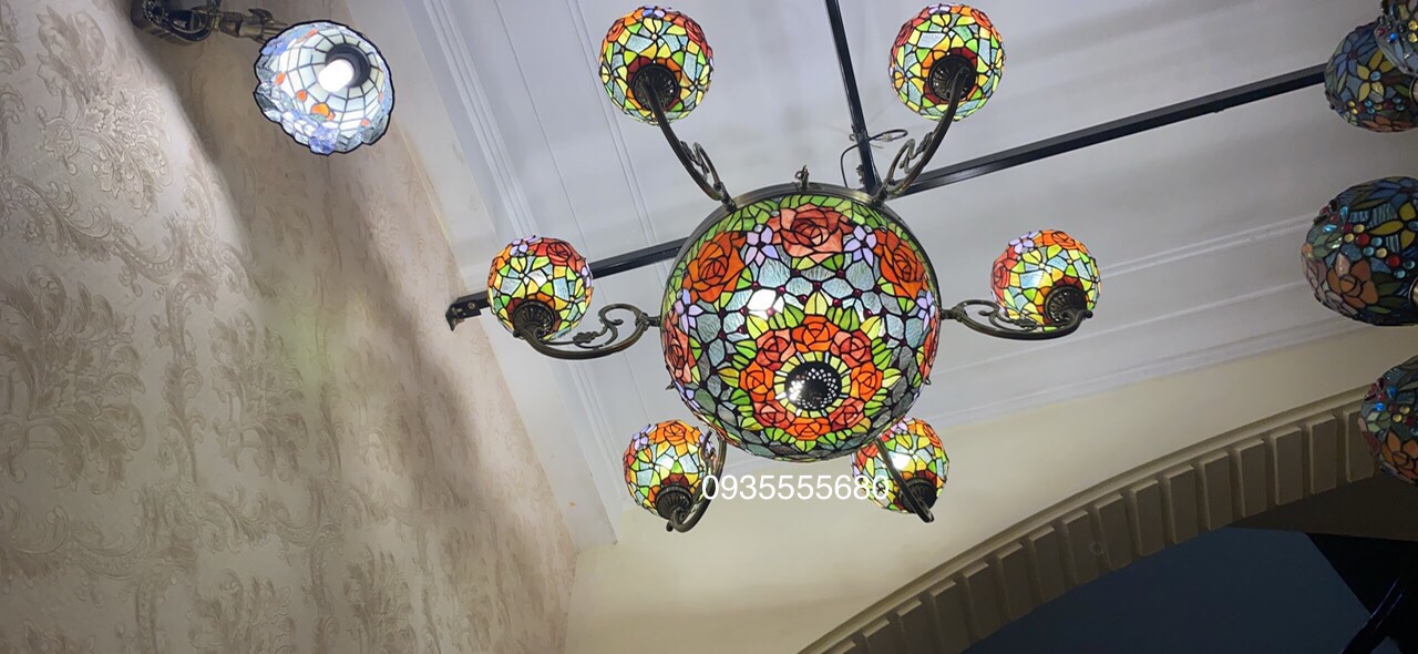 Giao lưu bộ đèn chùm tiffany hoa hồng cam