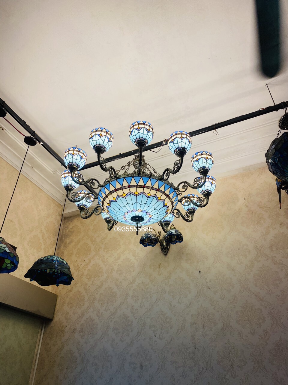 Giao lưu bộ đèn chùm tiffany xanh cổ điển