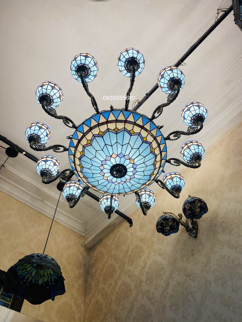 Giao lưu bộ đèn chùm tiffany xanh cổ điển