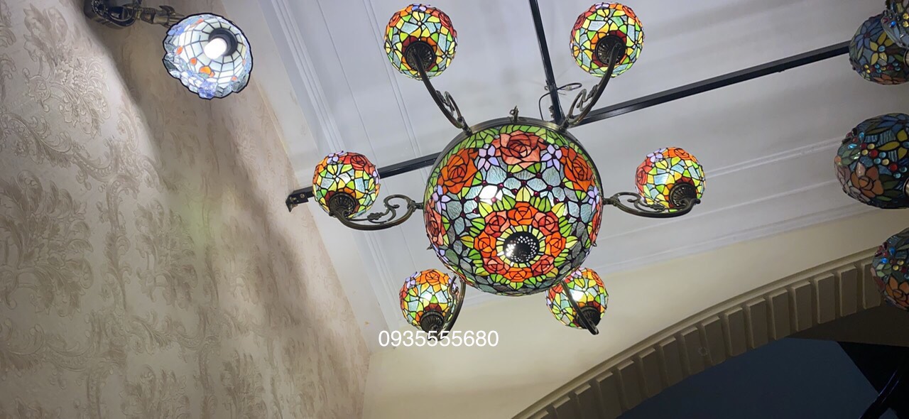 Bộ đèn chùm tiffany họa tiết hoa hồng