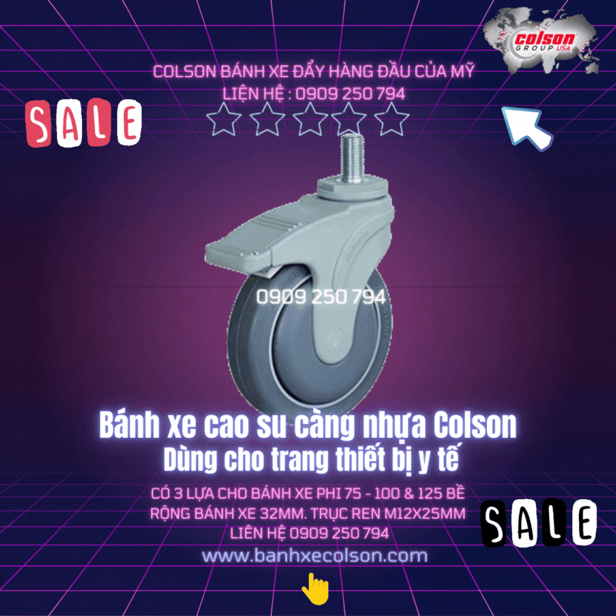 Bánh xe cao su có khóa càng nhựa Colson Mỹ dùng cho y tế