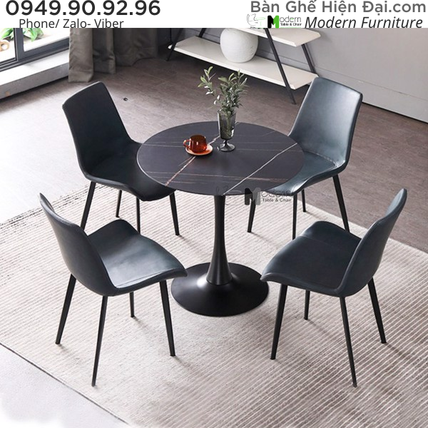 Bộ bàn tiếp khách tròn mặt đá chân sắt 4 ghế tựa lưng bọc nệm Simili