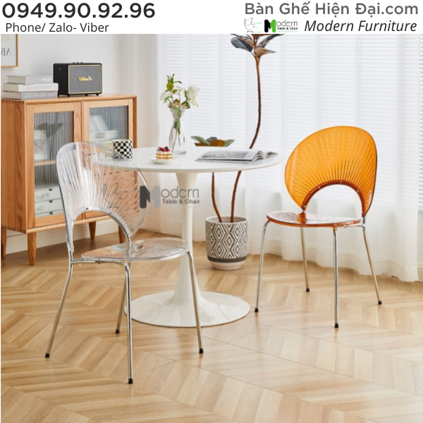 Bộ bàn cafe tròn mặt MDF chân sắt 2 ghế nhựa trong suốt tựa lưng vỏ sò