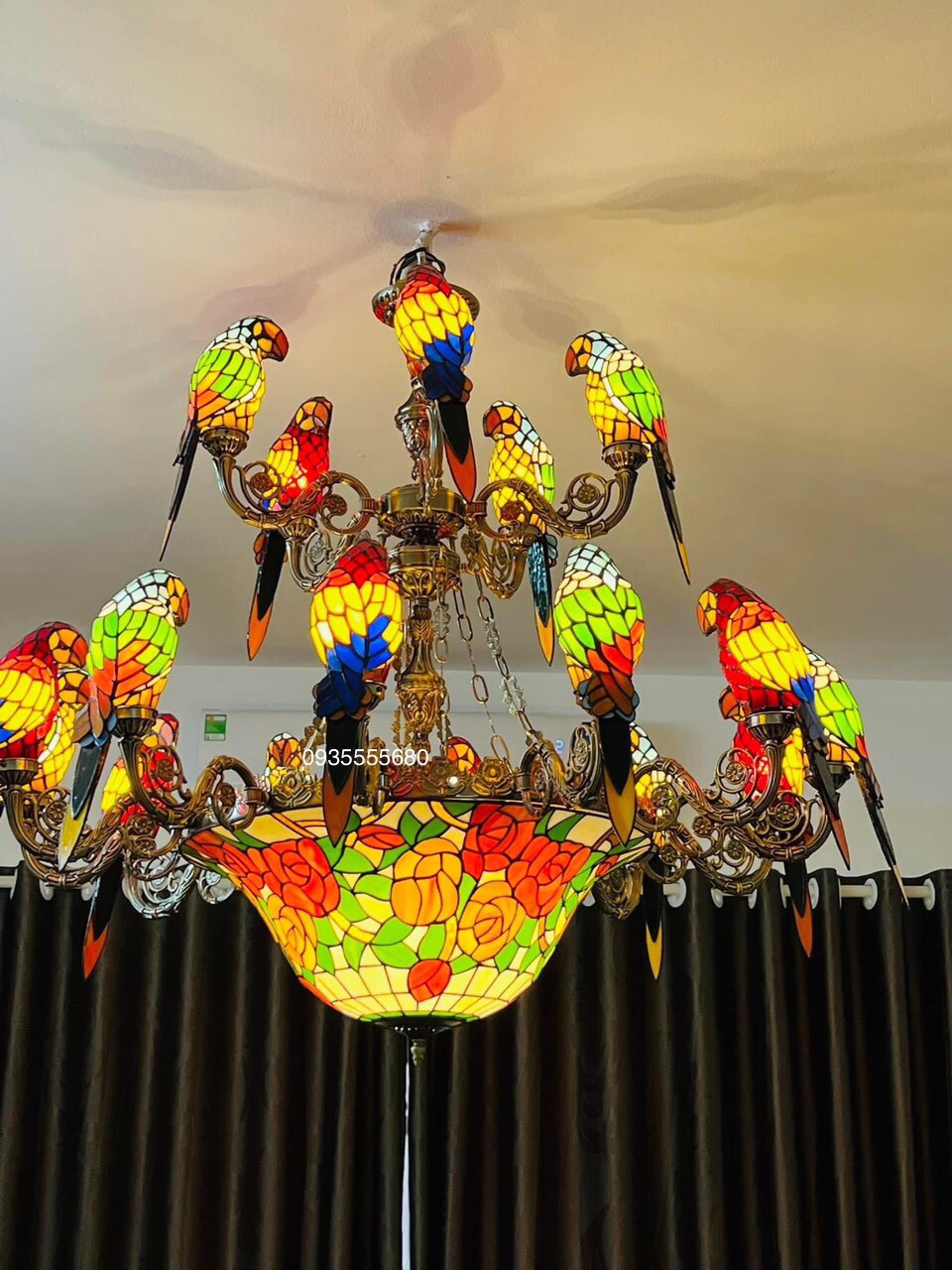 Giao lưu bộ đèn chùm tiffany chim vẹt 2 tầng