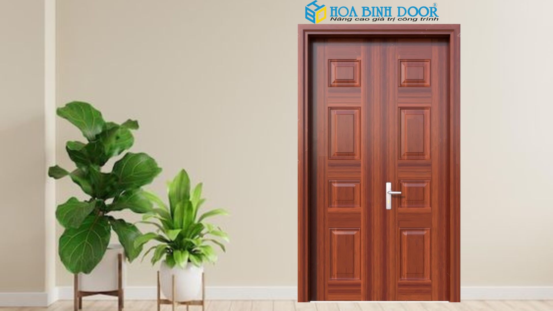 Cửa thép vân gỗ 2 cánh đều tại Quận 1 Hoabinhdoor