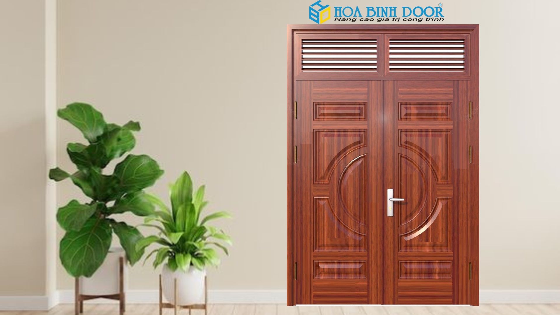 Cửa thép vân gỗ 2 cánh đều tại Quận 1 Hoabinhdoor