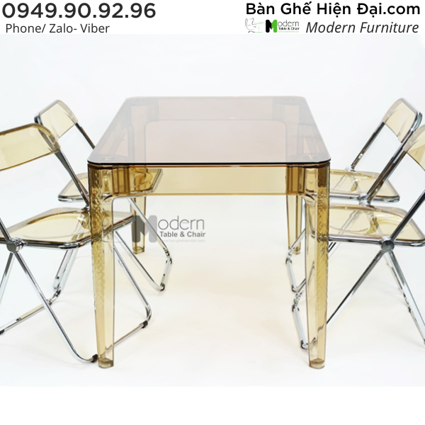 Bộ bàn phòng khách mặt kính 4 ghế tựa nhựa đúc trong suốt gấp gọn
