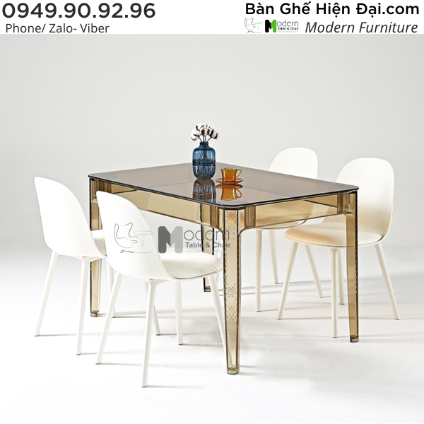 Bộ bàn tư vấn tiếp khách mặt kính 4 ghế tựa lưng nhựa bọc nệm nhung