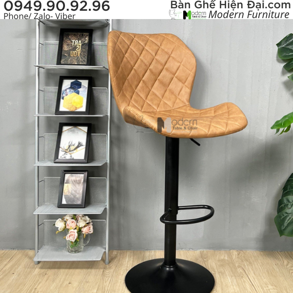 Ghế quầy bar bọc da cao cấp có tựa lưng chân sắt tăng giảm hiện đại