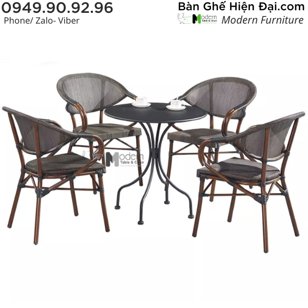 Bộ bàn tròn thư giãn  chân chụm 4 ghế tựa lưng lưới hồ bơi sân vườn