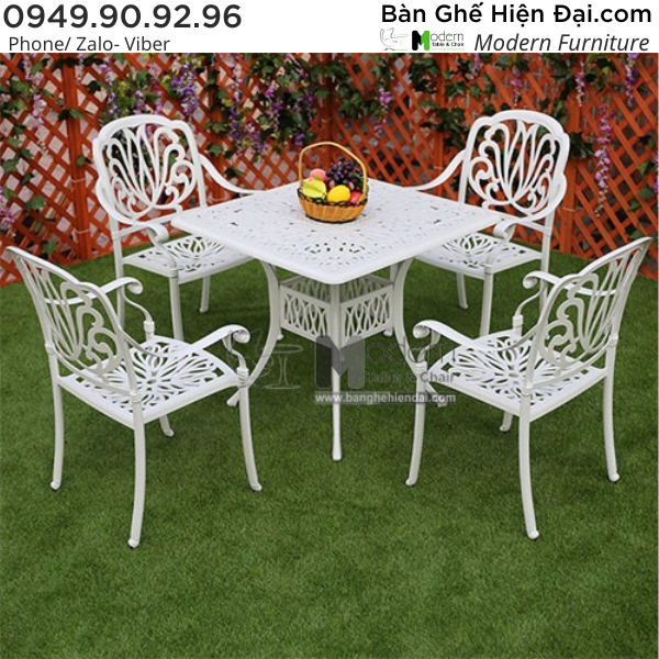 Bộ bàn cafe mặt vuông 4 ghế tựa lưng tay vịn nhôm đúc sân vườn