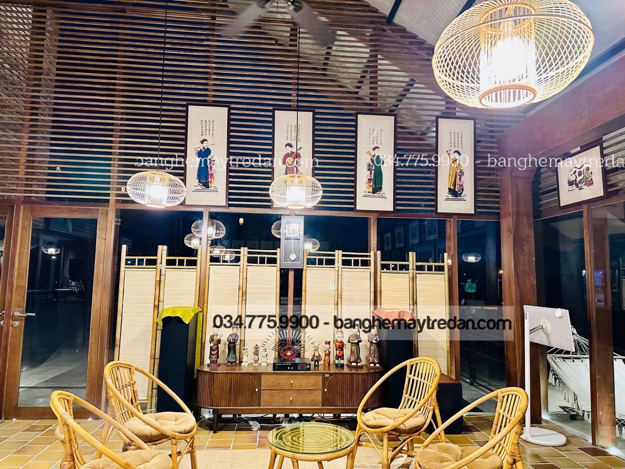 Bình phong bằng tre loại 4 cánh - Mây tre lục bình