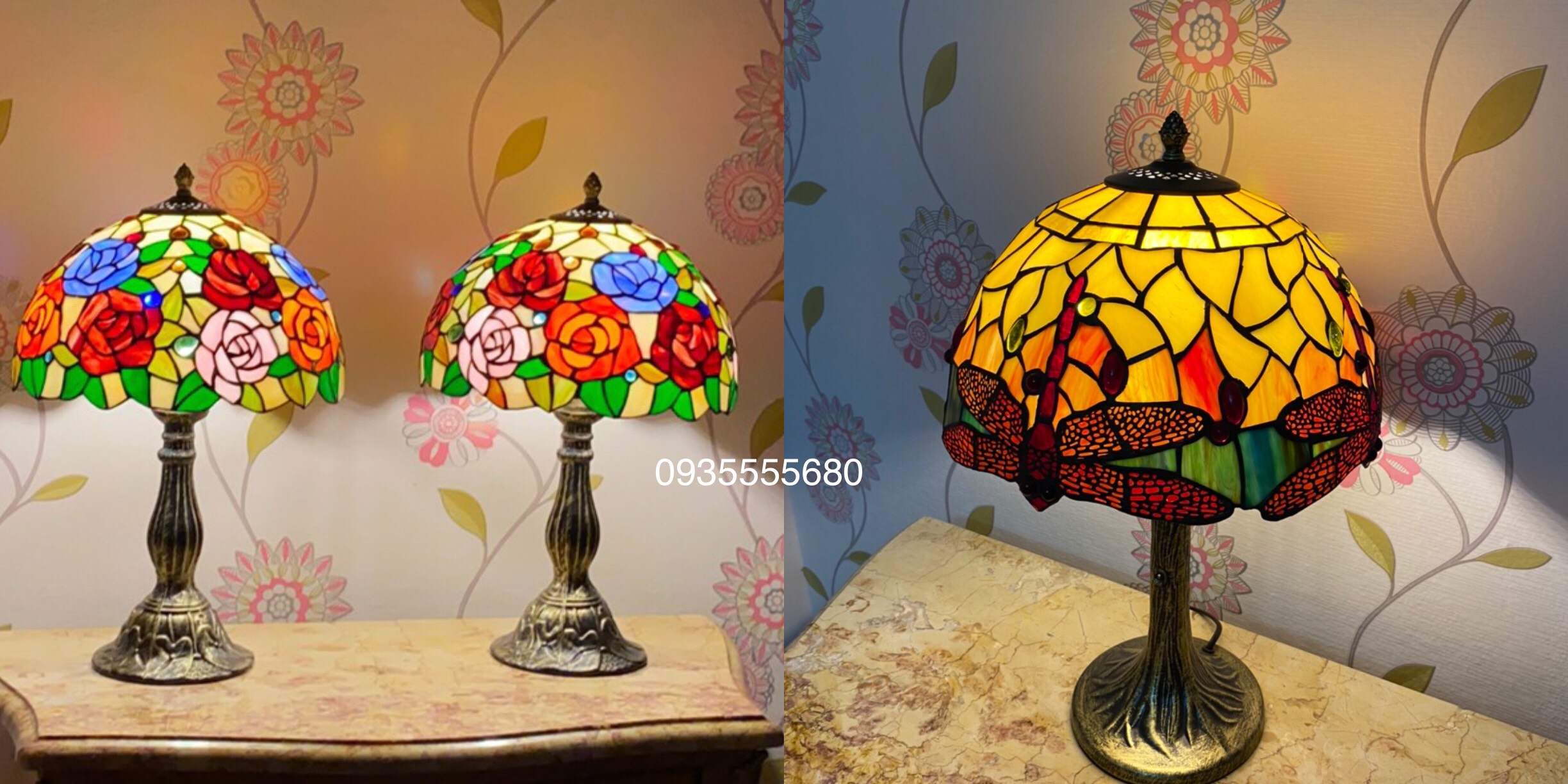 Đèn bàn phòng ngủ tiffany họa tiết hoa hồng