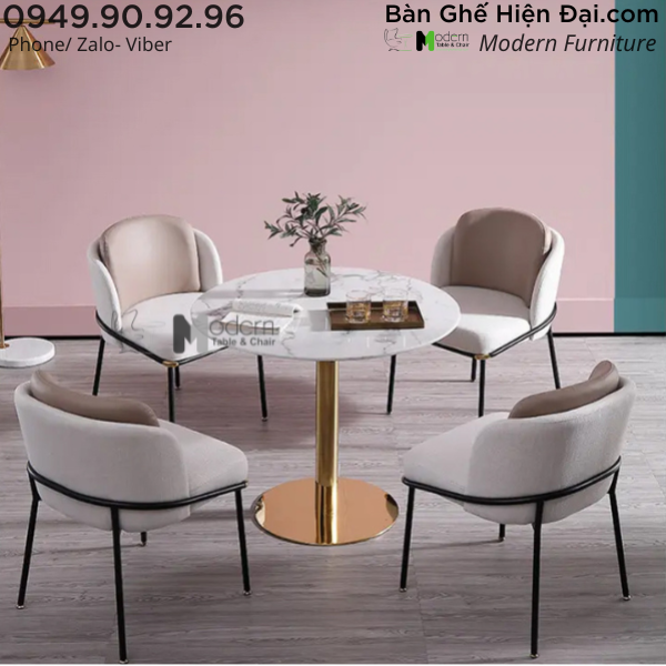 Bộ bàn tròn tiếp khách showroom mặt đá có vân 4 ghế tựa lưng bọc nệm