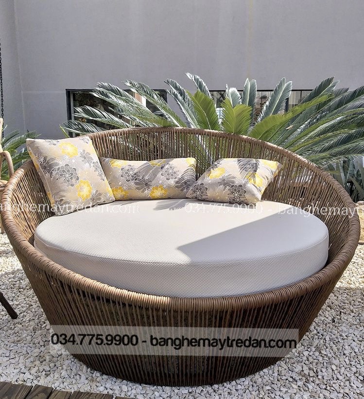Giường tròn nhựa giả mây cao cấp - Bàn ghế mây tre đan