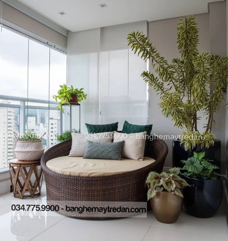 Giường tròn nhựa giả mây cao cấp - Bàn ghế mây tre đan