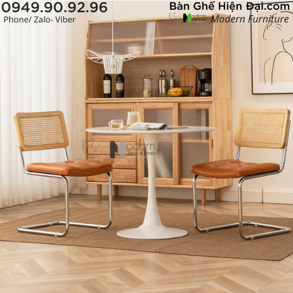 Bộ bàn cafe mặt tròn Tulip 2 ghế bọc nệm tựa lưng đan mây hiện đại