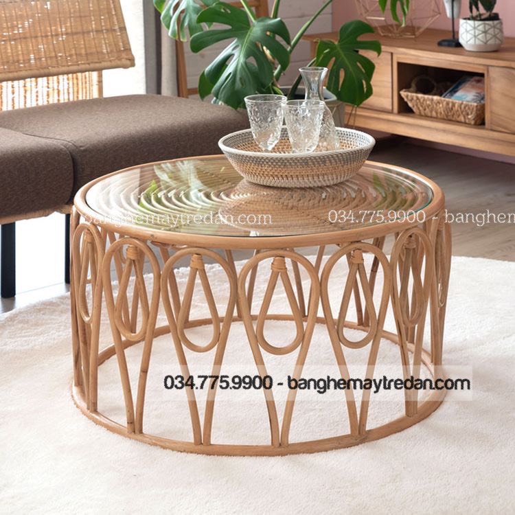 Bàn mây hình tròn, bàn mây phòng khách - Mây tre lục bình