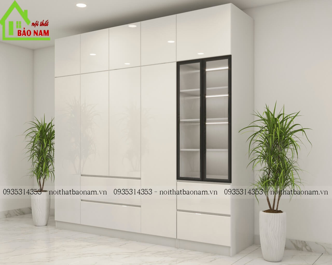 Mẫu tủ áo acrylic màu trắng bóng gương hiện đại, sang trọng