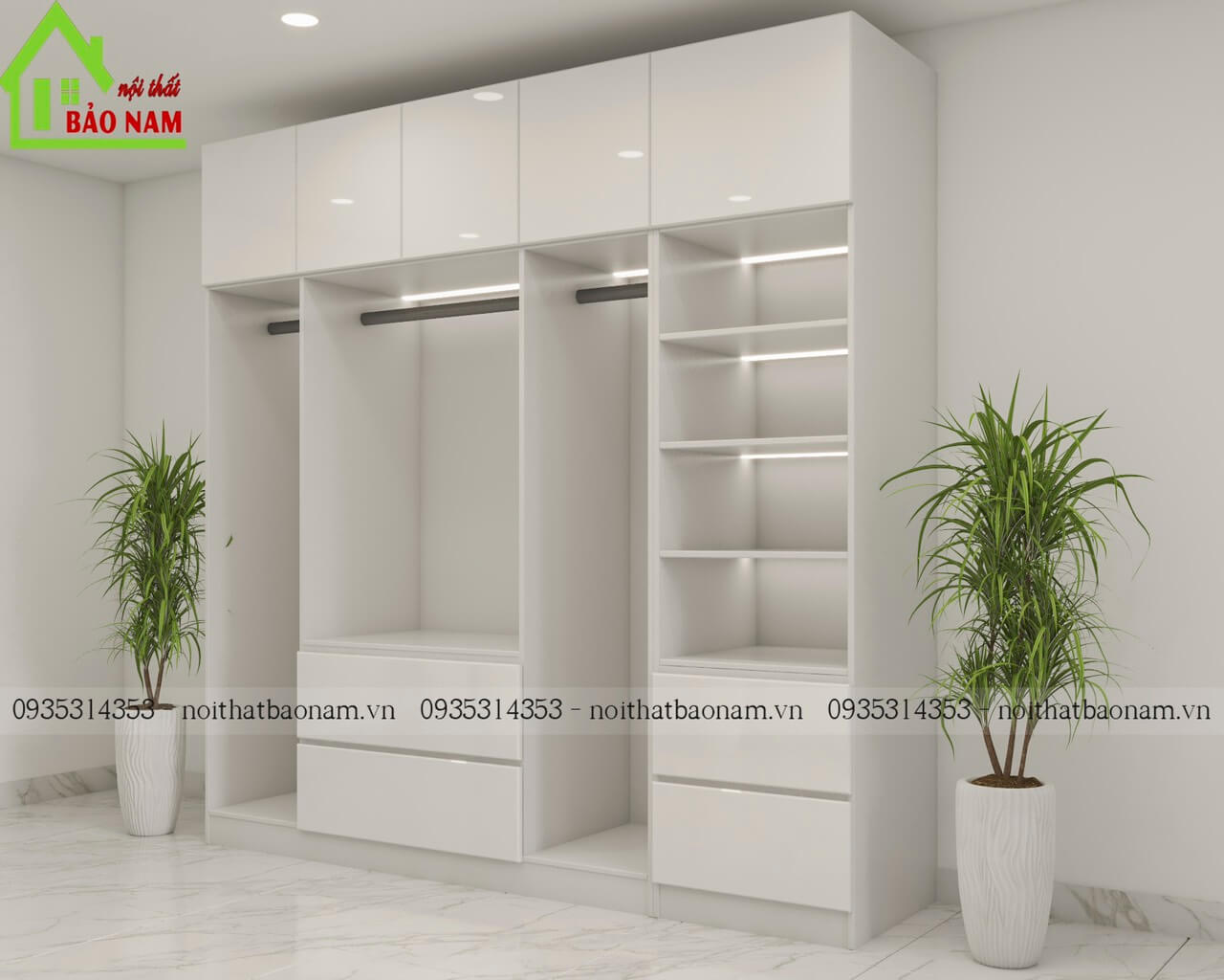 Mẫu tủ áo acrylic màu trắng bóng gương hiện đại, sang trọng